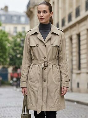 TravelSmith Beige Trench Coat Belted Classic Minimalist Size L
